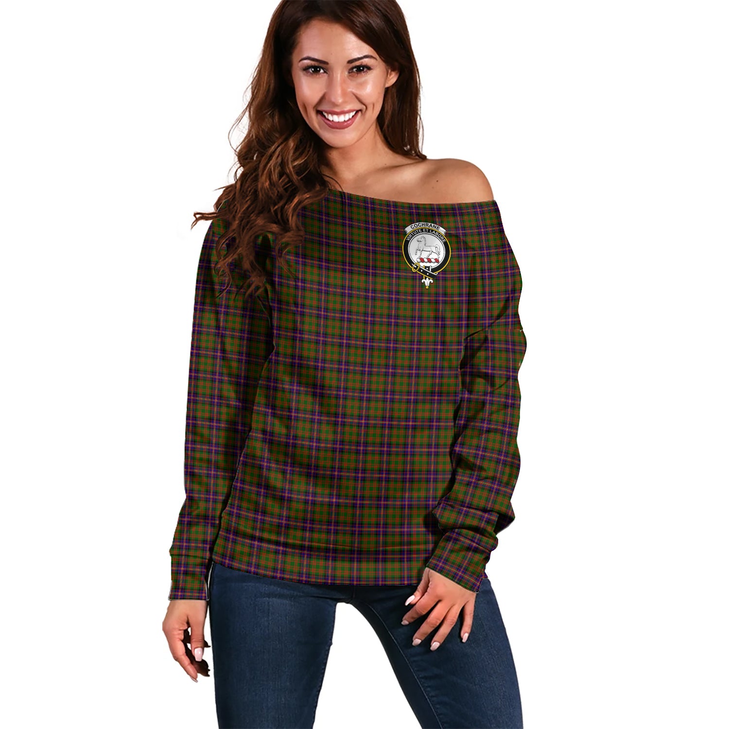 Cochrane Modern Tartan Off Shoulder Women Sweater with Family Crest Women - Tartanvibesclothing