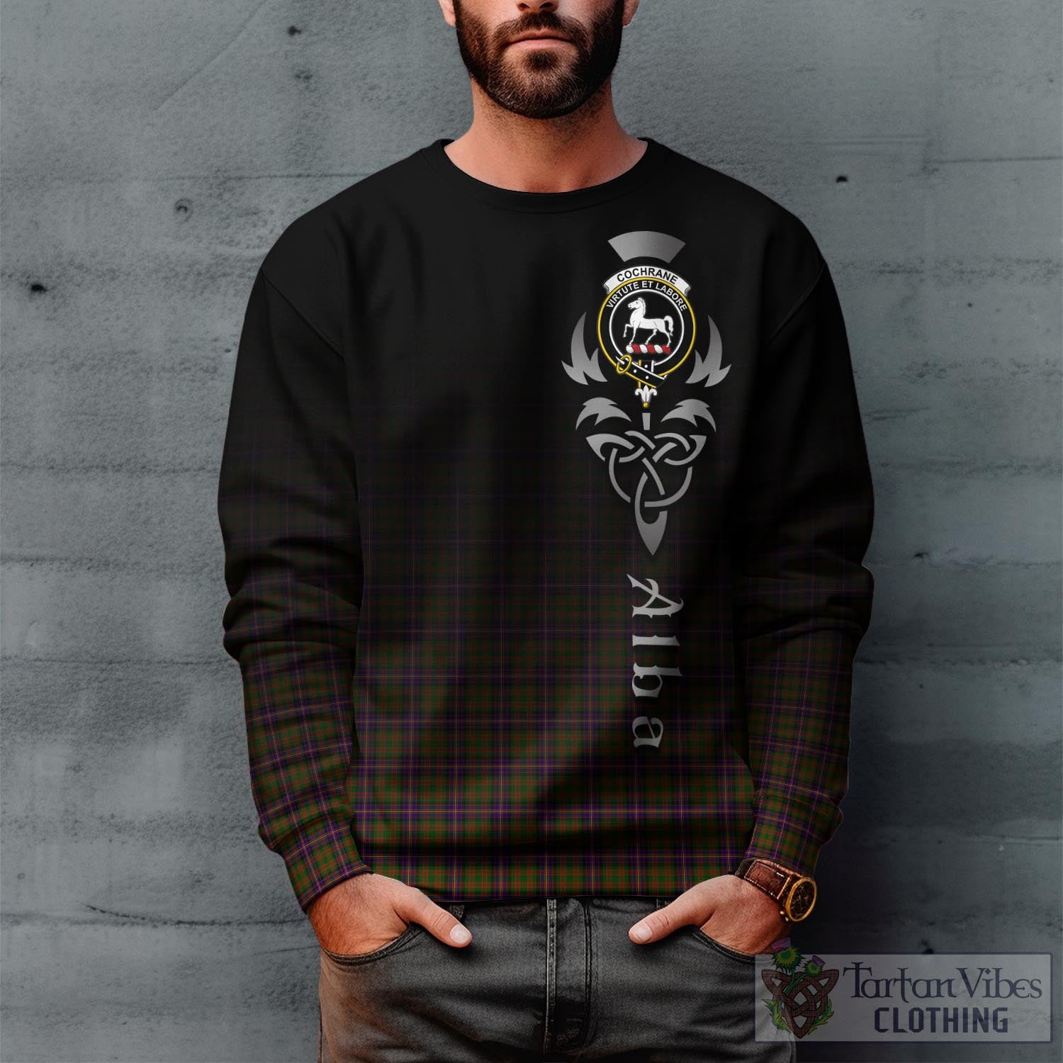 Tartan Vibes Clothing Cochrane Modern Tartan Sweatshirt Featuring Alba Gu Brath Family Crest Celtic Inspired