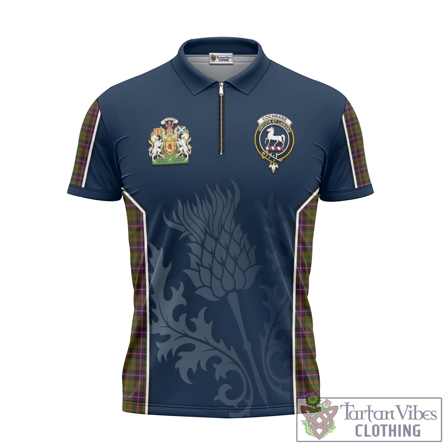 Tartan Vibes Clothing Cochrane Modern Tartan Zipper Polo Shirt with Family Crest and Scottish Thistle Vibes Sport Style