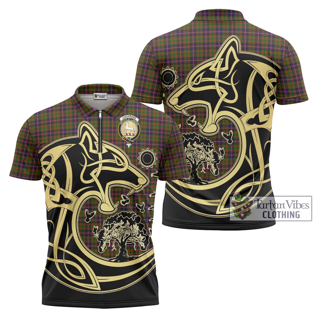 Cochrane Modern Tartan Zipper Polo Shirt with Family Crest Celtic Wolf Style Unisex - Tartanvibesclothing Shop