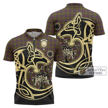 Cochrane Modern Tartan Zipper Polo Shirt with Family Crest Celtic Wolf Style