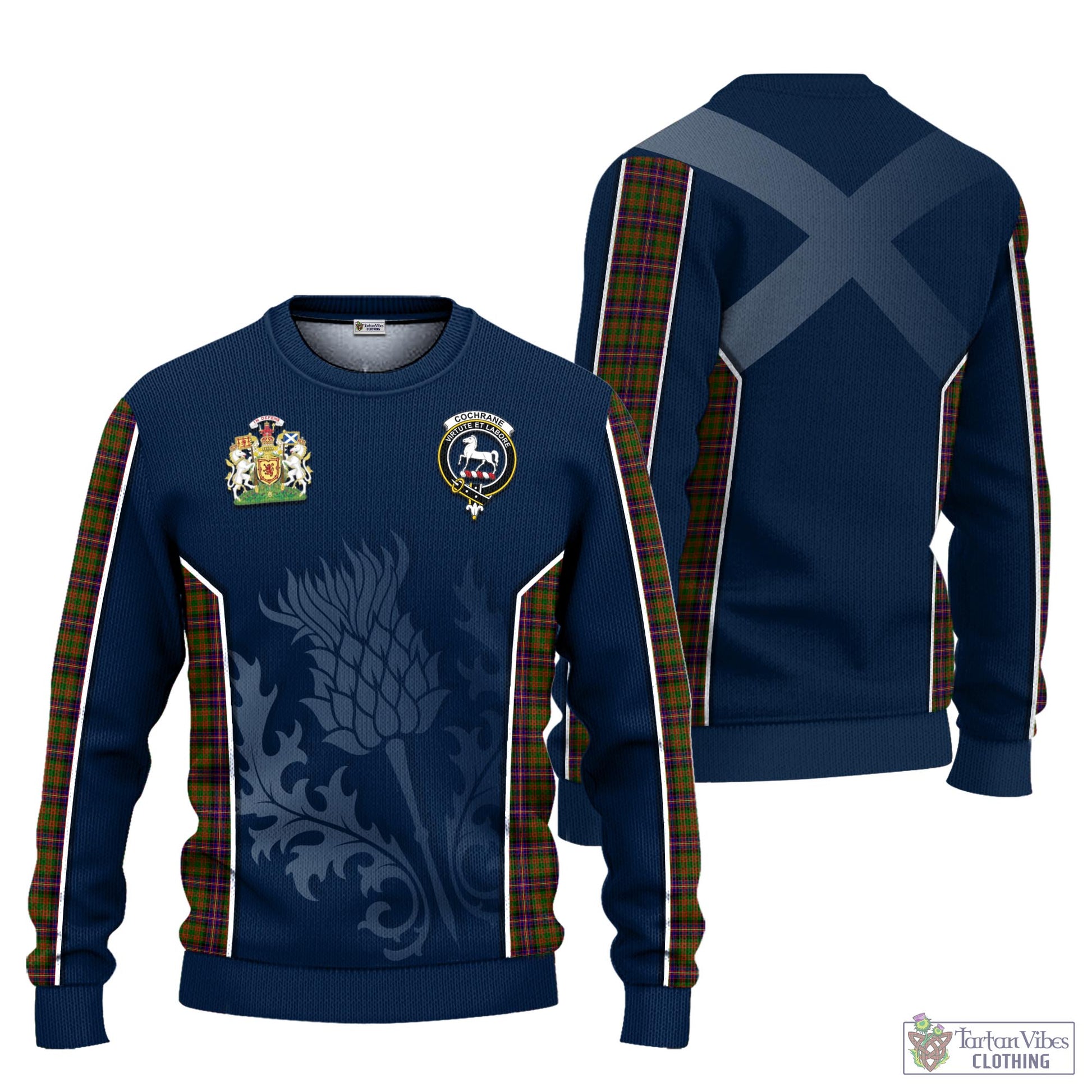 Tartan Vibes Clothing Cochrane Modern Tartan Knitted Sweatshirt with Family Crest and Scottish Thistle Vibes Sport Style