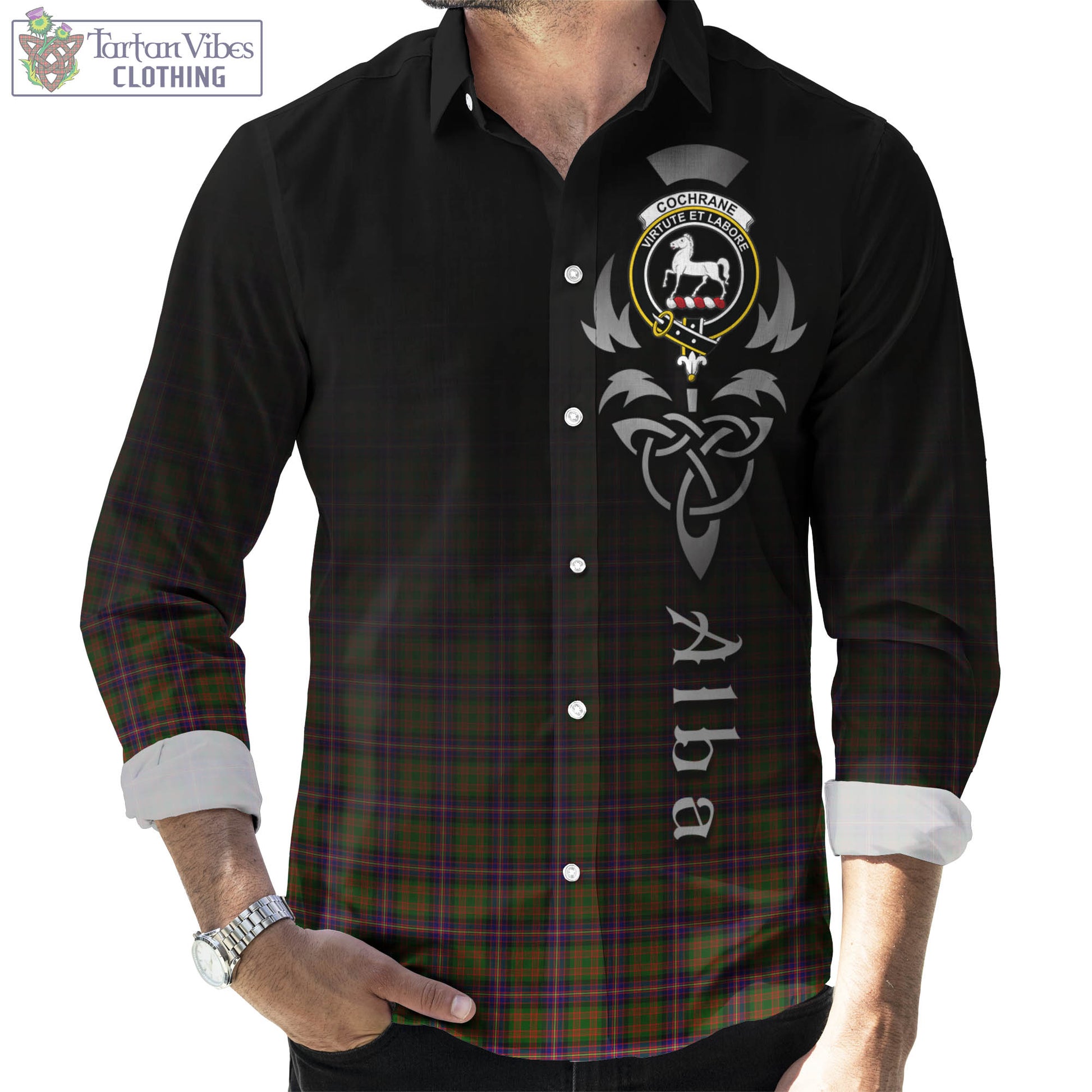 Tartan Vibes Clothing Cochrane Modern Tartan Long Sleeve Button Up Featuring Alba Gu Brath Family Crest Celtic Inspired