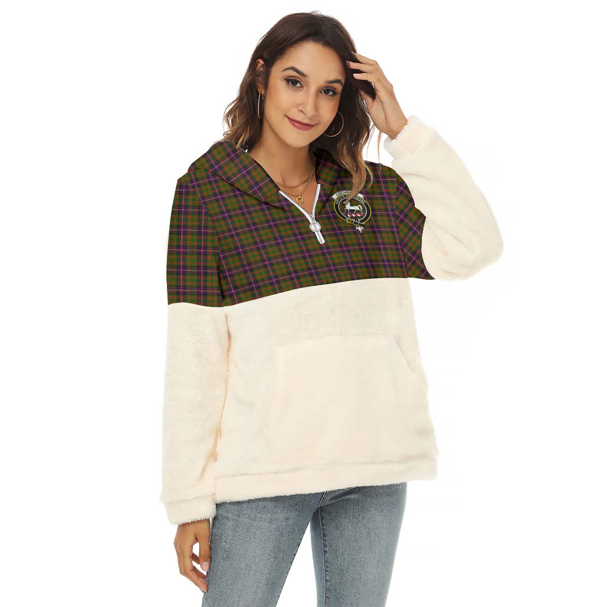 Cochrane Modern Tartan Women's Borg Fleece Hoodie With Half Zip with Family Crest Female - Tartan Vibes Clothing