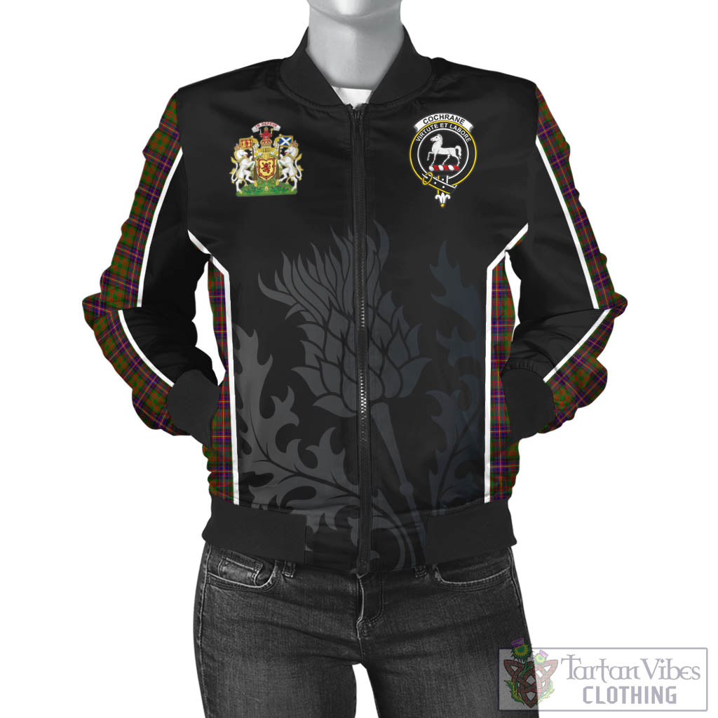 Tartan Vibes Clothing Cochrane Modern Tartan Bomber Jacket with Family Crest and Scottish Thistle Vibes Sport Style