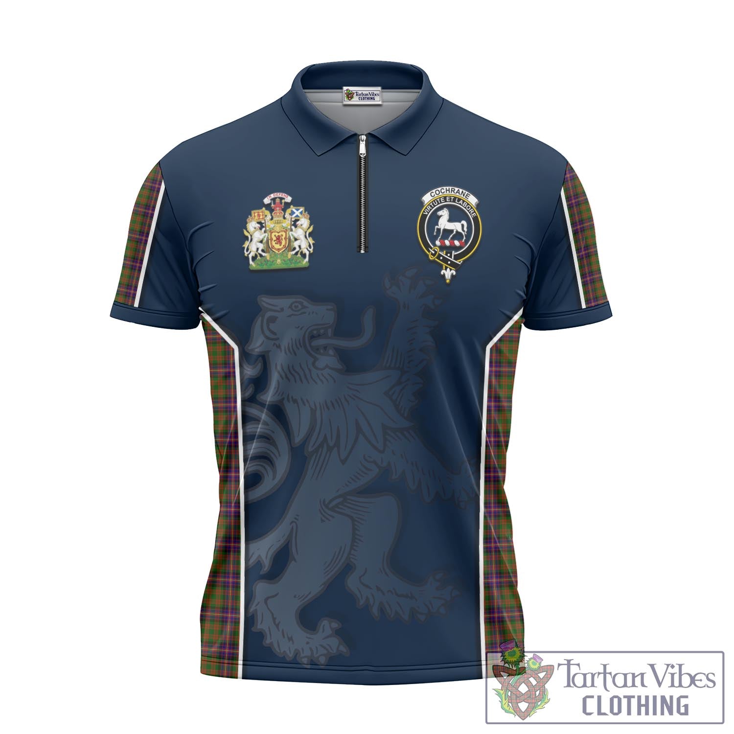 Tartan Vibes Clothing Cochrane Modern Tartan Zipper Polo Shirt with Family Crest and Lion Rampant Vibes Sport Style