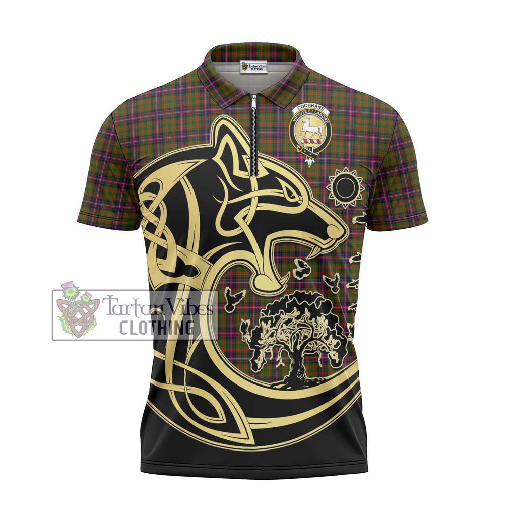 Cochrane Modern Tartan Zipper Polo Shirt with Family Crest Celtic Wolf Style - Tartanvibesclothing Shop