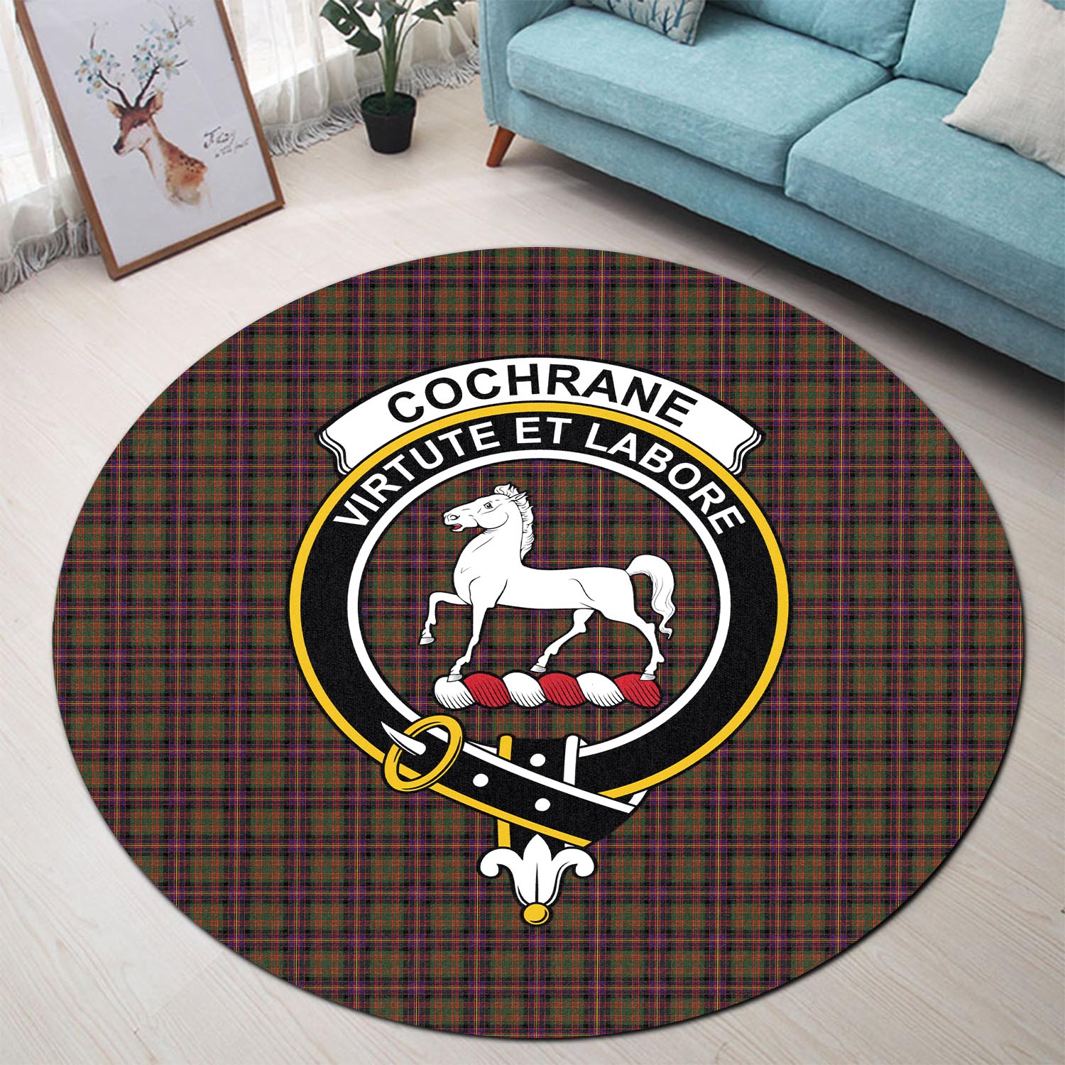 Cochrane Modern Tartan Round Rug with Family Crest - Tartanvibesclothing