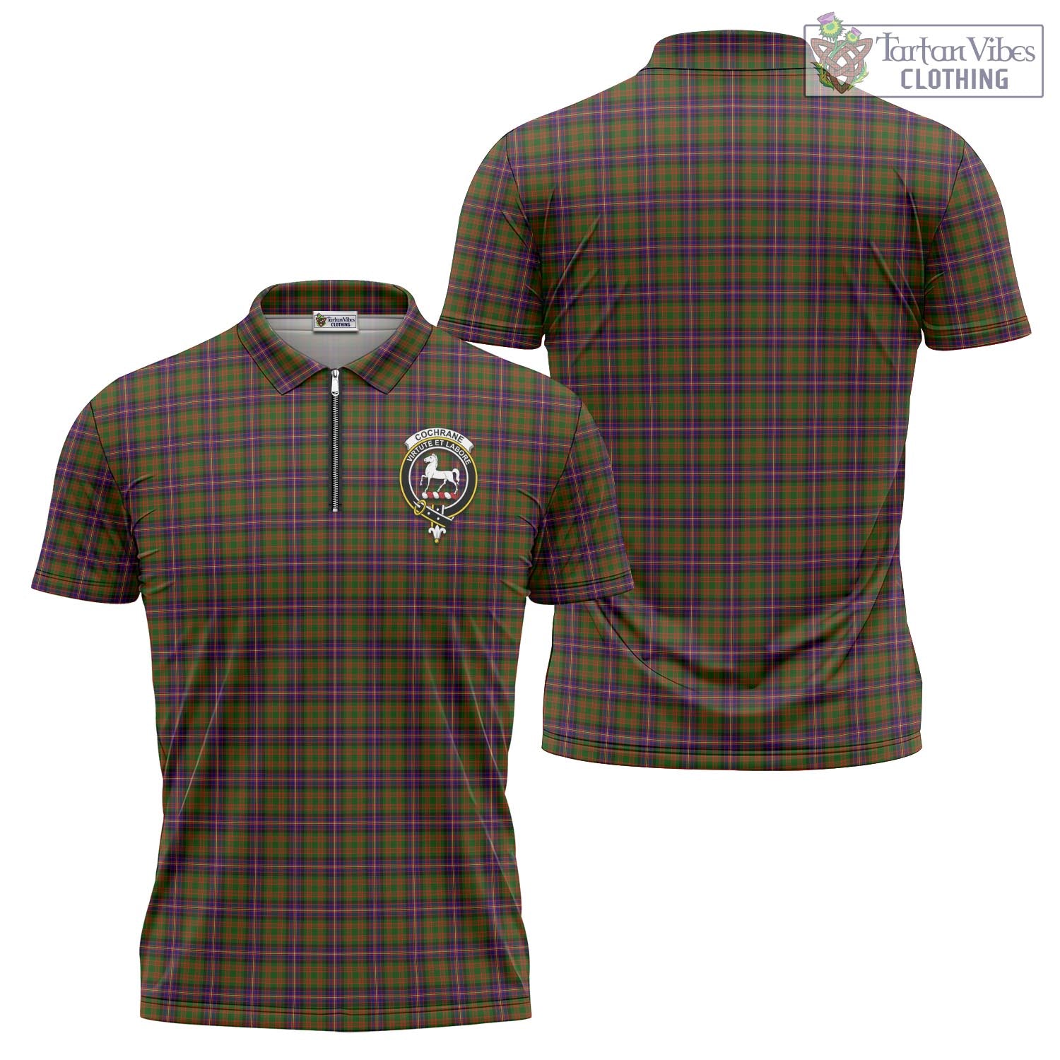 Tartan Vibes Clothing Cochrane Modern Tartan Zipper Polo Shirt with Family Crest