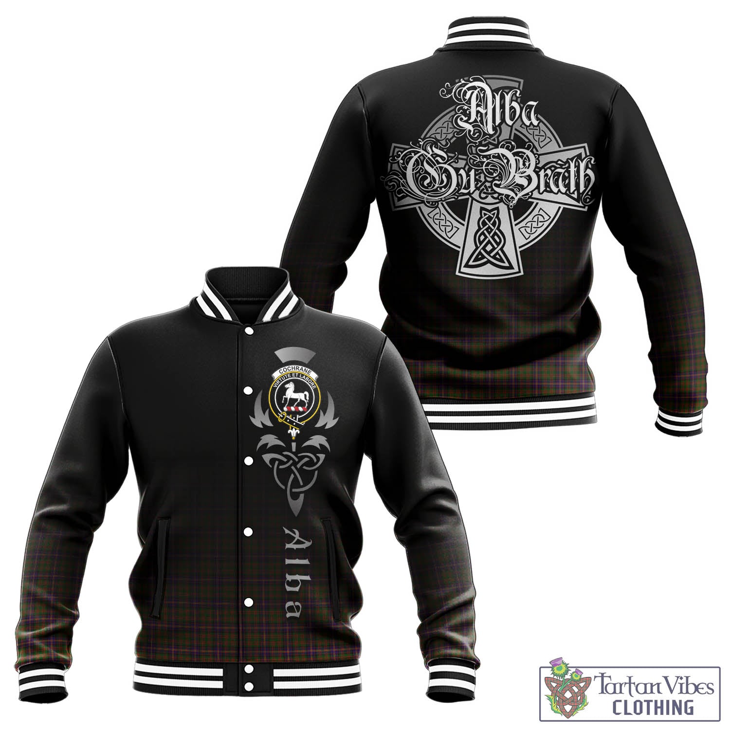 Tartan Vibes Clothing Cochrane Modern Tartan Baseball Jacket Featuring Alba Gu Brath Family Crest Celtic Inspired