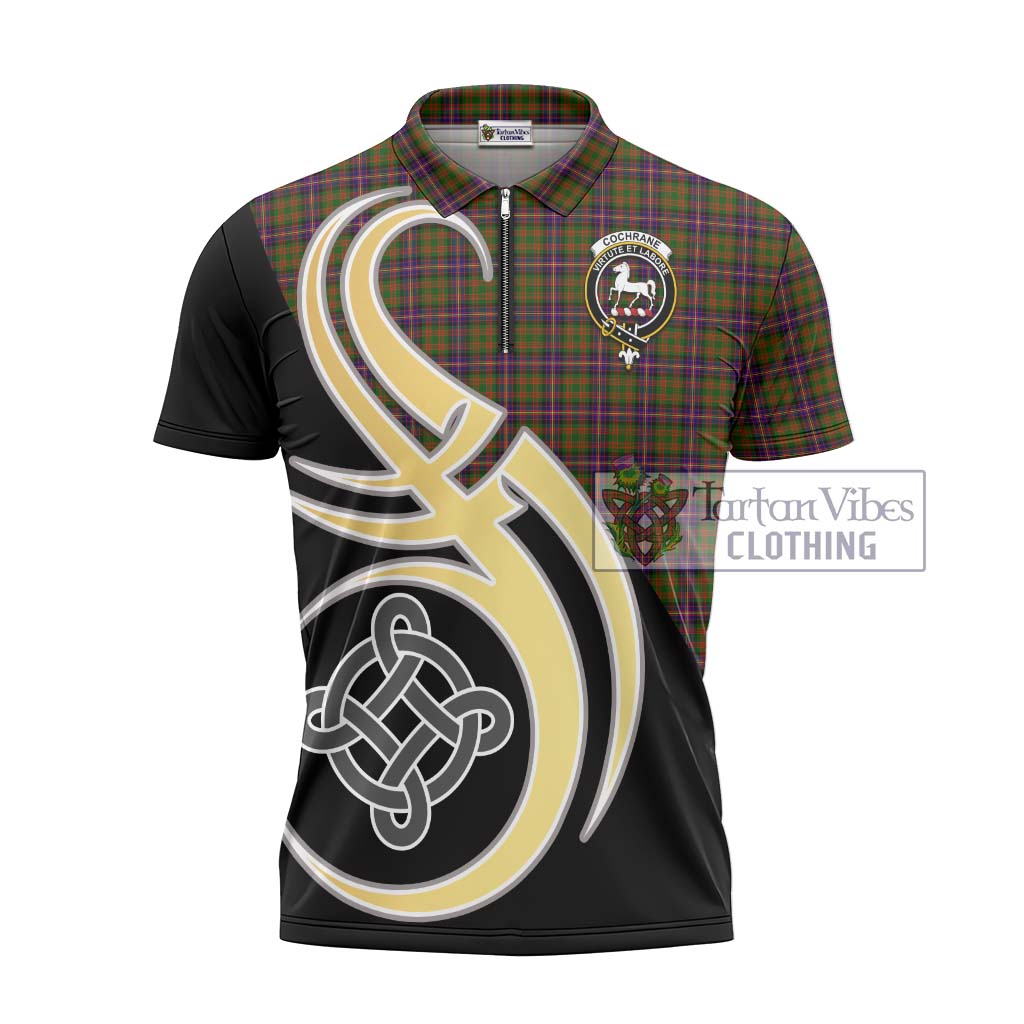 Tartan Vibes Clothing Cochrane Modern Tartan Zipper Polo Shirt with Family Crest and Celtic Symbol Style