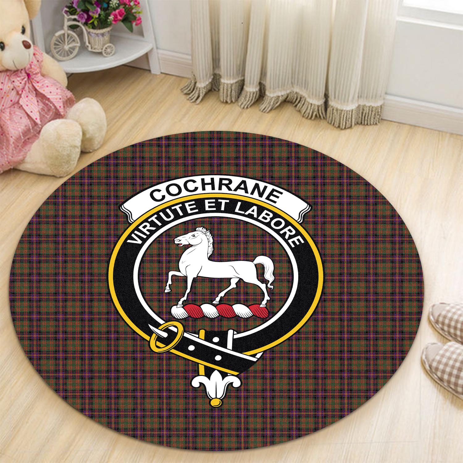 Cochrane Modern Tartan Round Rug with Family Crest - Tartanvibesclothing