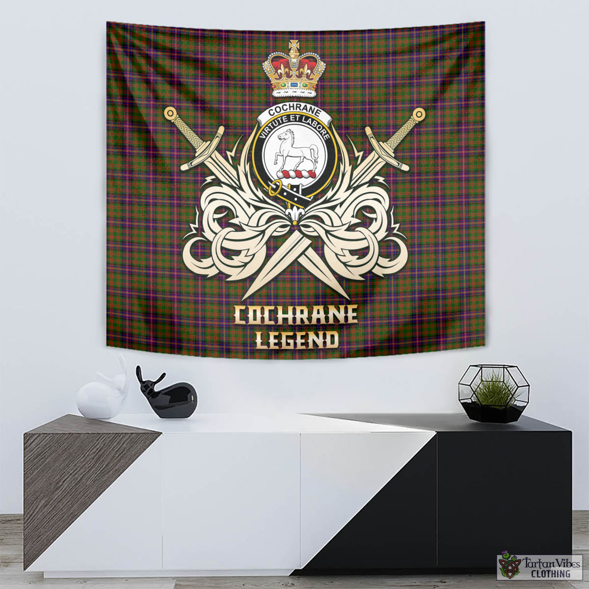 Tartan Vibes Clothing Cochrane Modern Tartan Tapestry with Clan Crest and the Golden Sword of Courageous Legacy