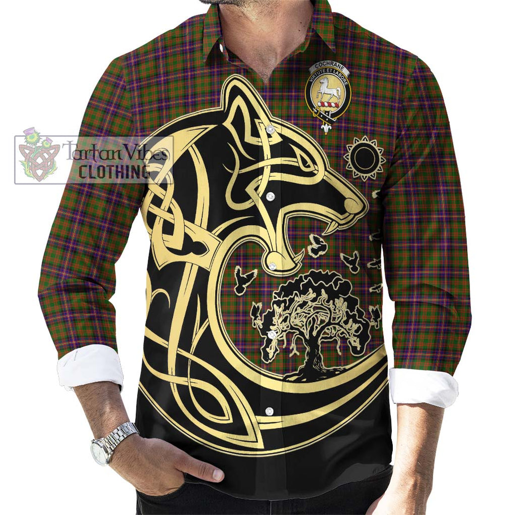 Cochrane Modern Tartan Long Sleeve Button Shirt with Family Crest Celtic Wolf Style - Tartan Vibes Clothing