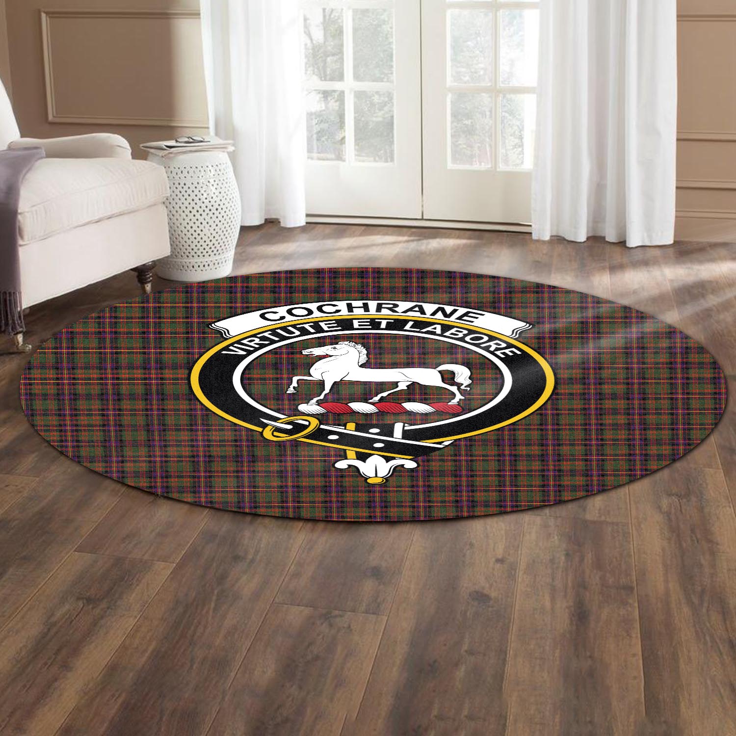 Cochrane Modern Tartan Round Rug with Family Crest - Tartanvibesclothing