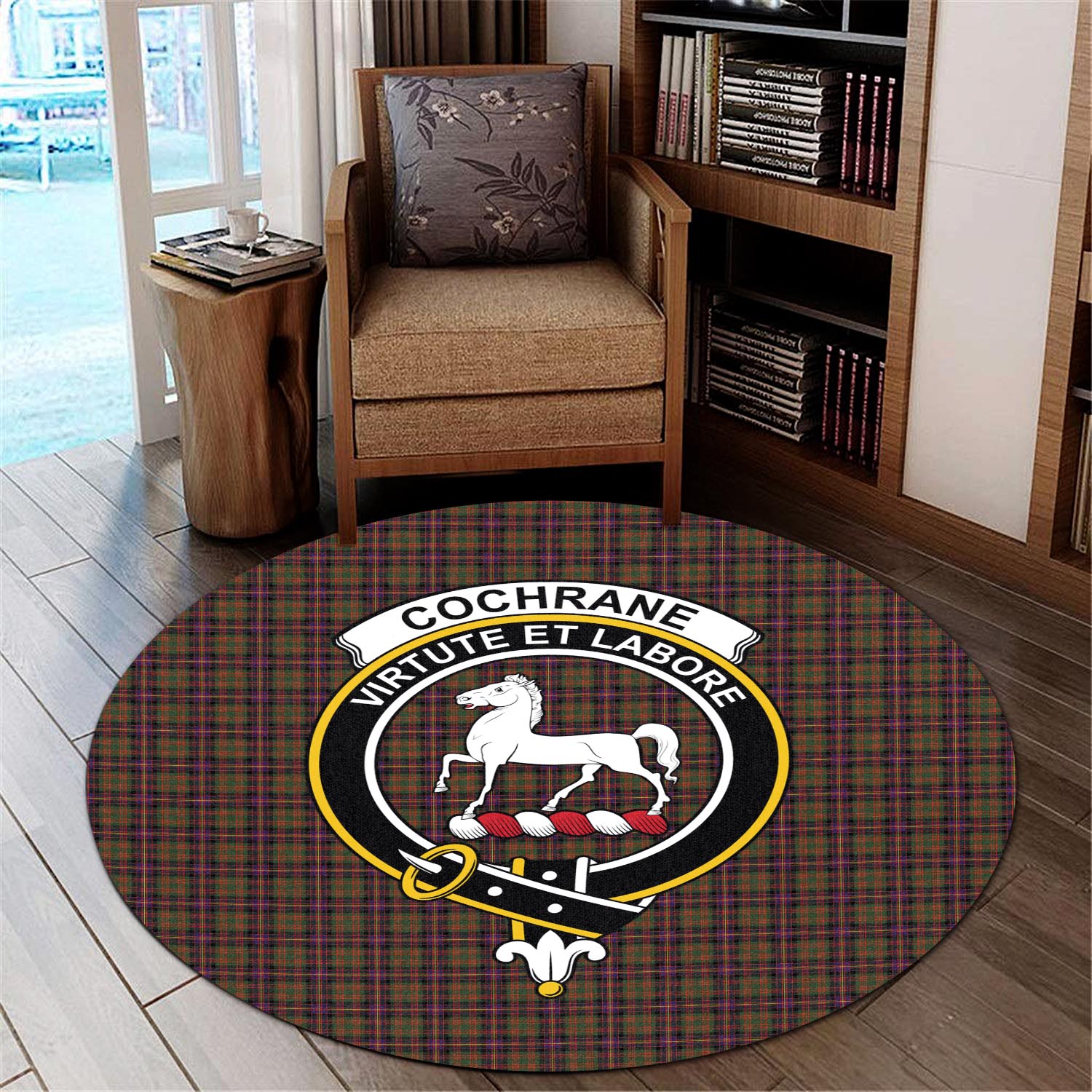 Cochrane Modern Tartan Round Rug with Family Crest - Tartanvibesclothing