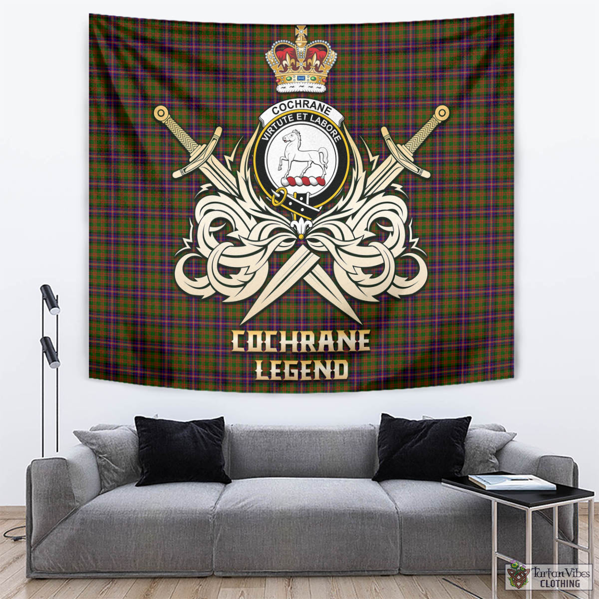 Tartan Vibes Clothing Cochrane Modern Tartan Tapestry with Clan Crest and the Golden Sword of Courageous Legacy