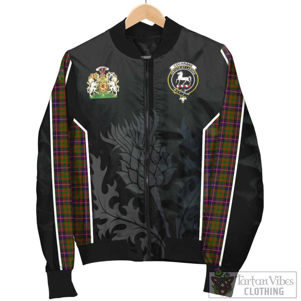 Tartan Vibes Clothing Cochrane Modern Tartan Bomber Jacket with Family Crest and Scottish Thistle Vibes Sport Style