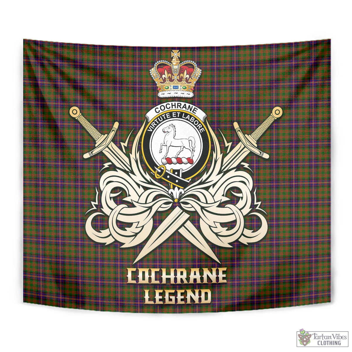 Tartan Vibes Clothing Cochrane Modern Tartan Tapestry with Clan Crest and the Golden Sword of Courageous Legacy