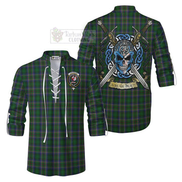 Cockburn Tartan Ghillie Kilt Shirt with Family Crest Celtic Skull Style