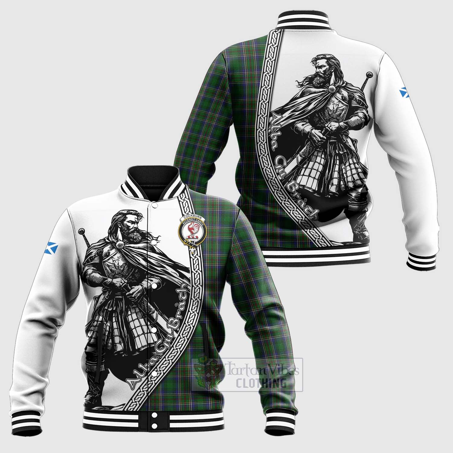 Tartan Vibes Clothing Cockburn Tartan Clan Crest Baseball Jacket with Highlander Warrior Celtic Style