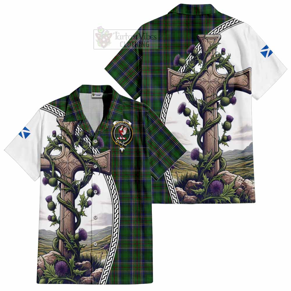 Tartan Vibes Clothing Cockburn Tartan Short Sleeve Button Shirt with Family Crest and St. Andrew's Cross Accented by Thistle Vines