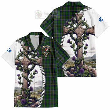 Cockburn Tartan Short Sleeve Button Shirt with Family Crest and St. Andrew's Cross Accented by Thistle Vines