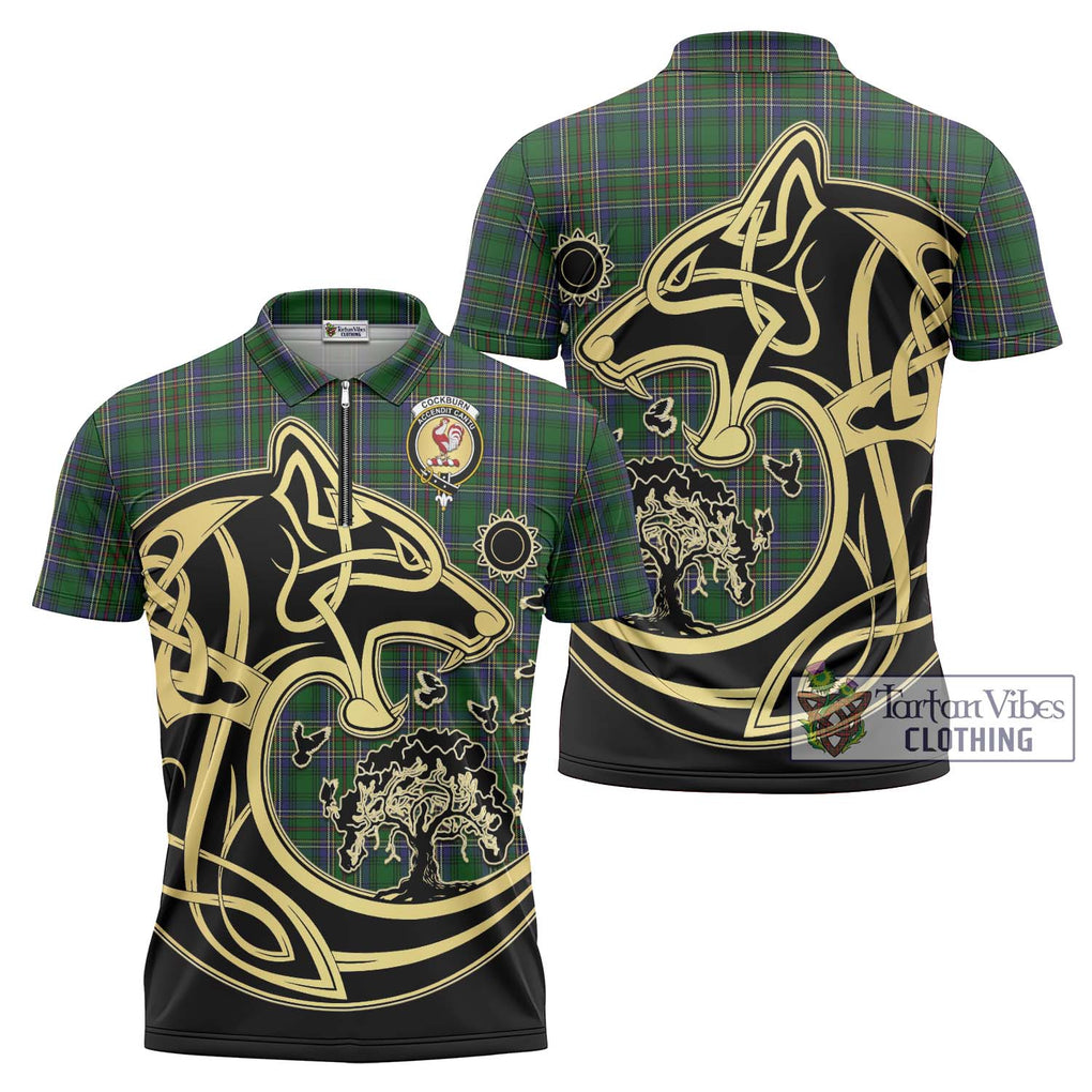 Cockburn Tartan Zipper Polo Shirt with Family Crest Celtic Wolf Style Unisex - Tartanvibesclothing Shop