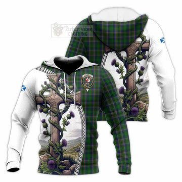 Cockburn Tartan Knitted Hoodie with Family Crest and St. Andrew's Cross Accented by Thistle Vines