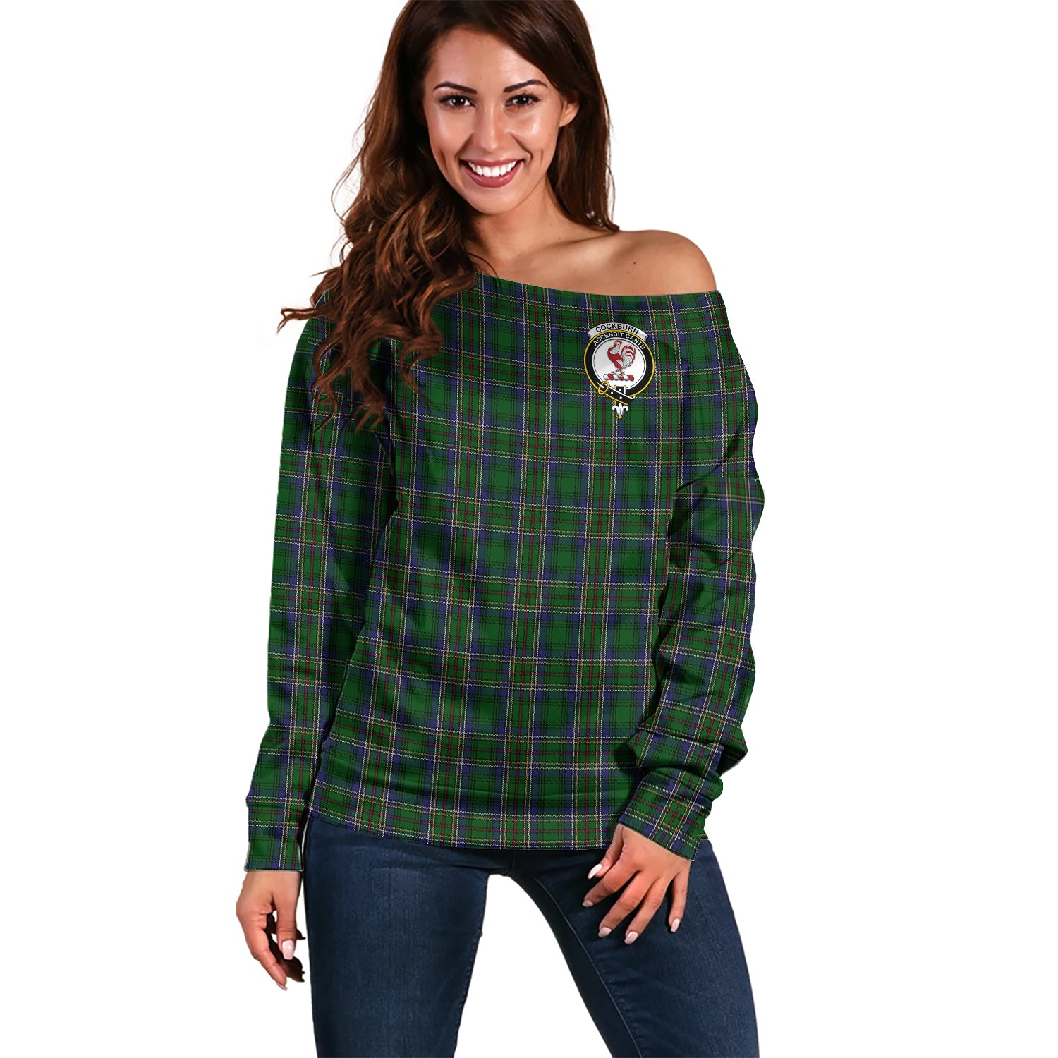 Cockburn Tartan Off Shoulder Women Sweater with Family Crest Women - Tartanvibesclothing