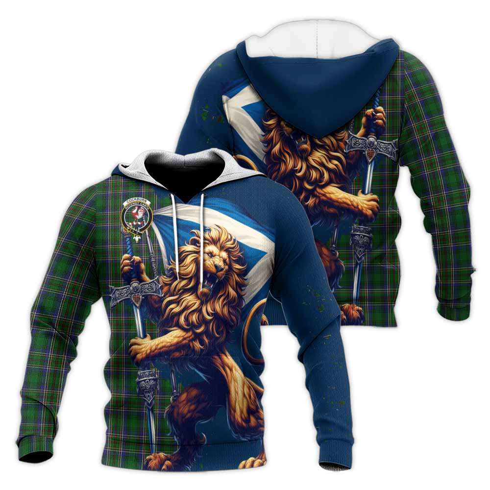 Tartan Vibes Clothing Cockburn Tartan Family Crest Knitted Hoodie with Scottish Majestic Lion