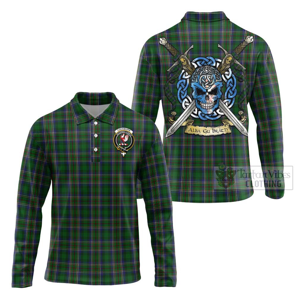 Tartan Vibes Clothing Cockburn Tartan Long Sleeve Polo Shirt with Family Crest Celtic Skull Style