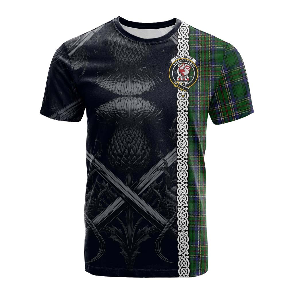 Tartan Vibes Clothing Cockburn Tartan Cotton T-shirt with Family Crest Cross Sword Thistle Celtic Vibes