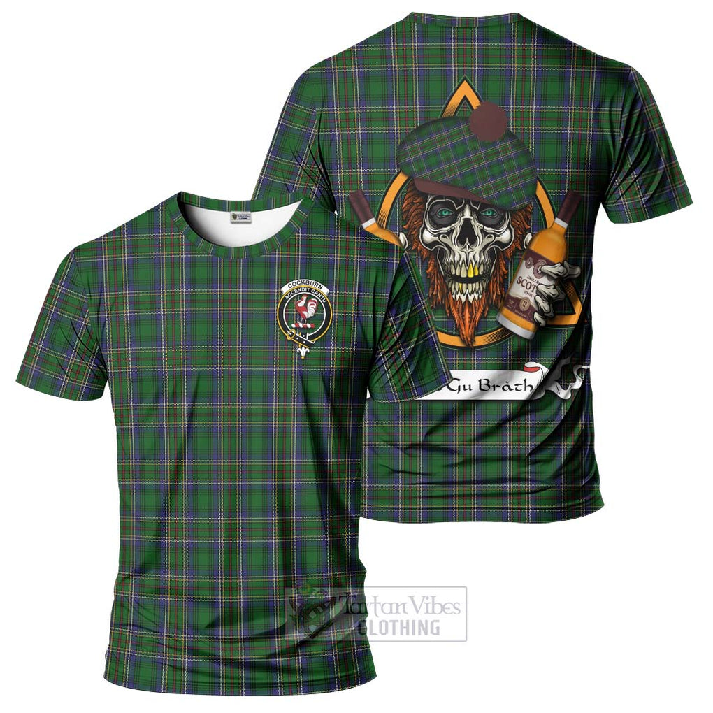 Tartan Vibes Clothing Cockburn Tartan T-Shirt with Family Crest and Bearded Skull Holding Bottles of Whiskey