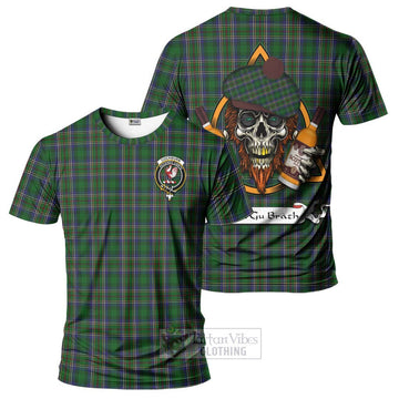 Cockburn Tartan T-Shirt with Family Crest and Bearded Skull Holding Bottles of Whiskey