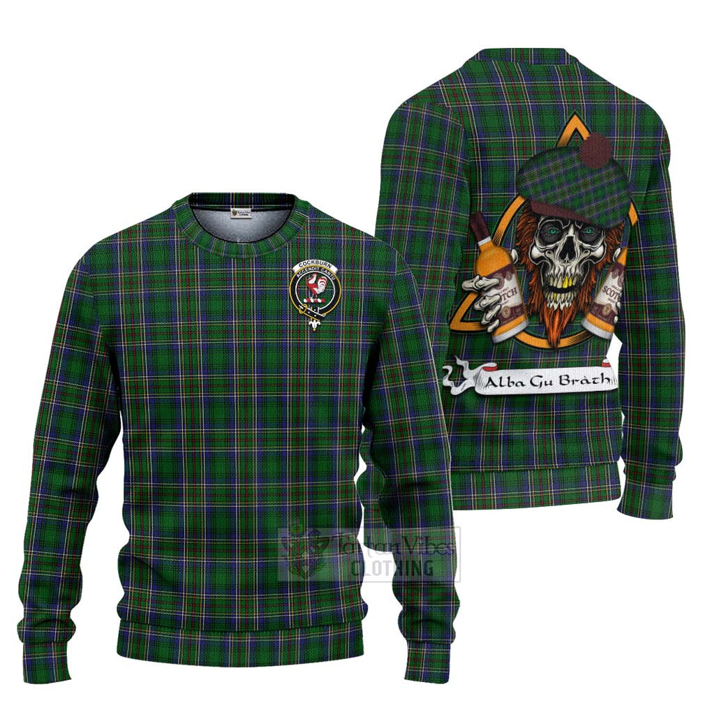 Tartan Vibes Clothing Cockburn Tartan Knitted Sweater with Family Crest and Bearded Skull Holding Bottles of Whiskey