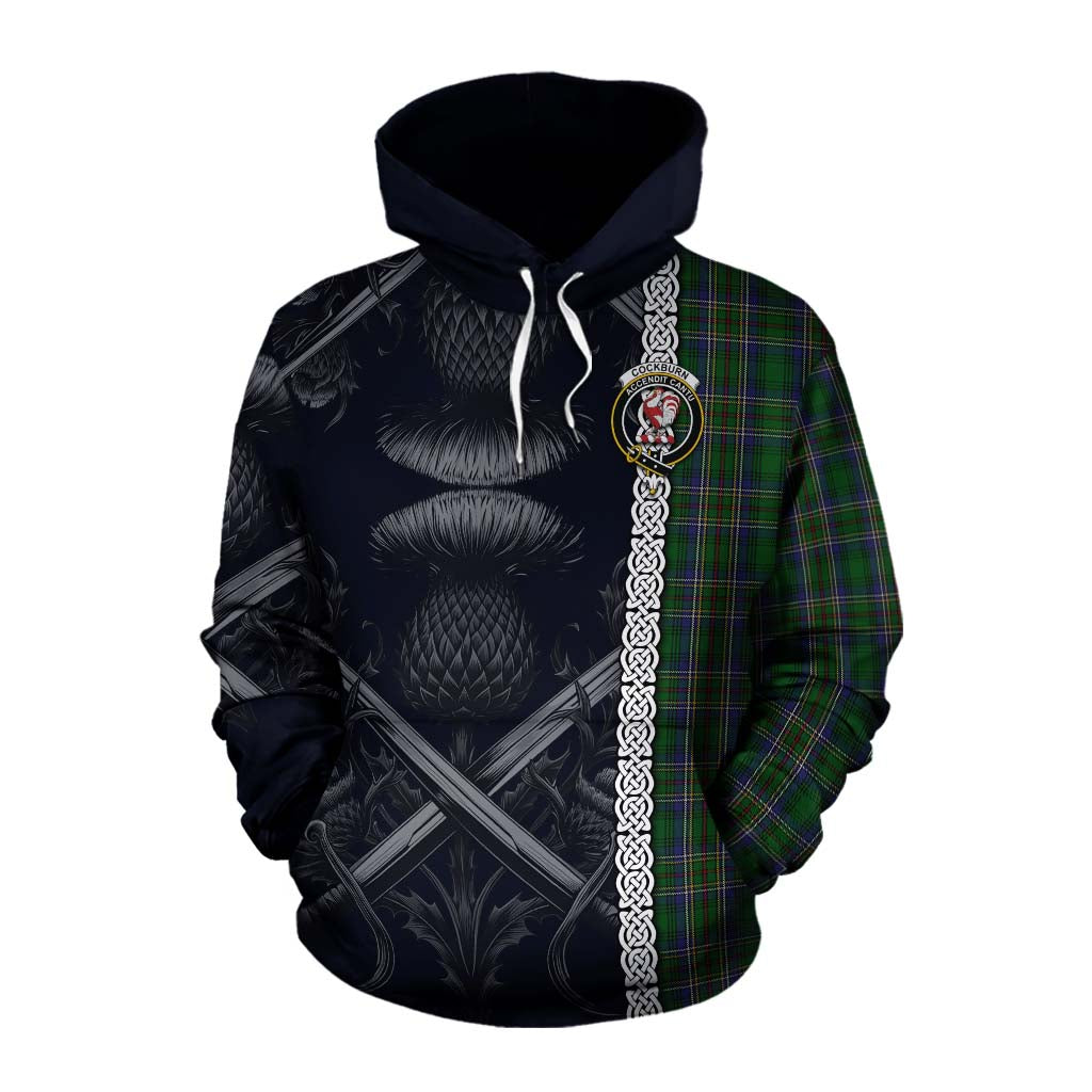 Tartan Vibes Clothing Cockburn Tartan Cotton Hoodie with Family Crest Cross Sword Thistle Celtic Vibes