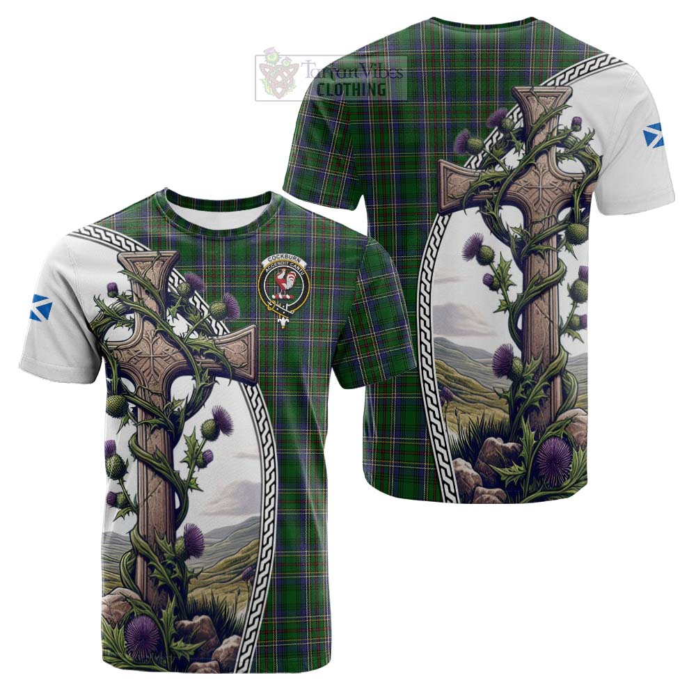 Tartan Vibes Clothing Cockburn Tartan Cotton T-shirt with Family Crest and St. Andrew's Cross Accented by Thistle Vines