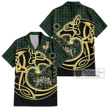 Cockburn Tartan Short Sleeve Button Shirt with Family Crest Celtic Wolf Style