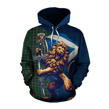 Cockburn Tartan Family Crest Cotton Hoodie with Scottish Majestic Lion