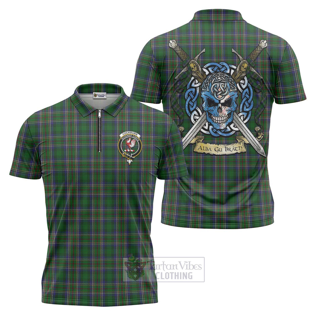 Tartan Vibes Clothing Cockburn Tartan Zipper Polo Shirt with Family Crest Celtic Skull Style