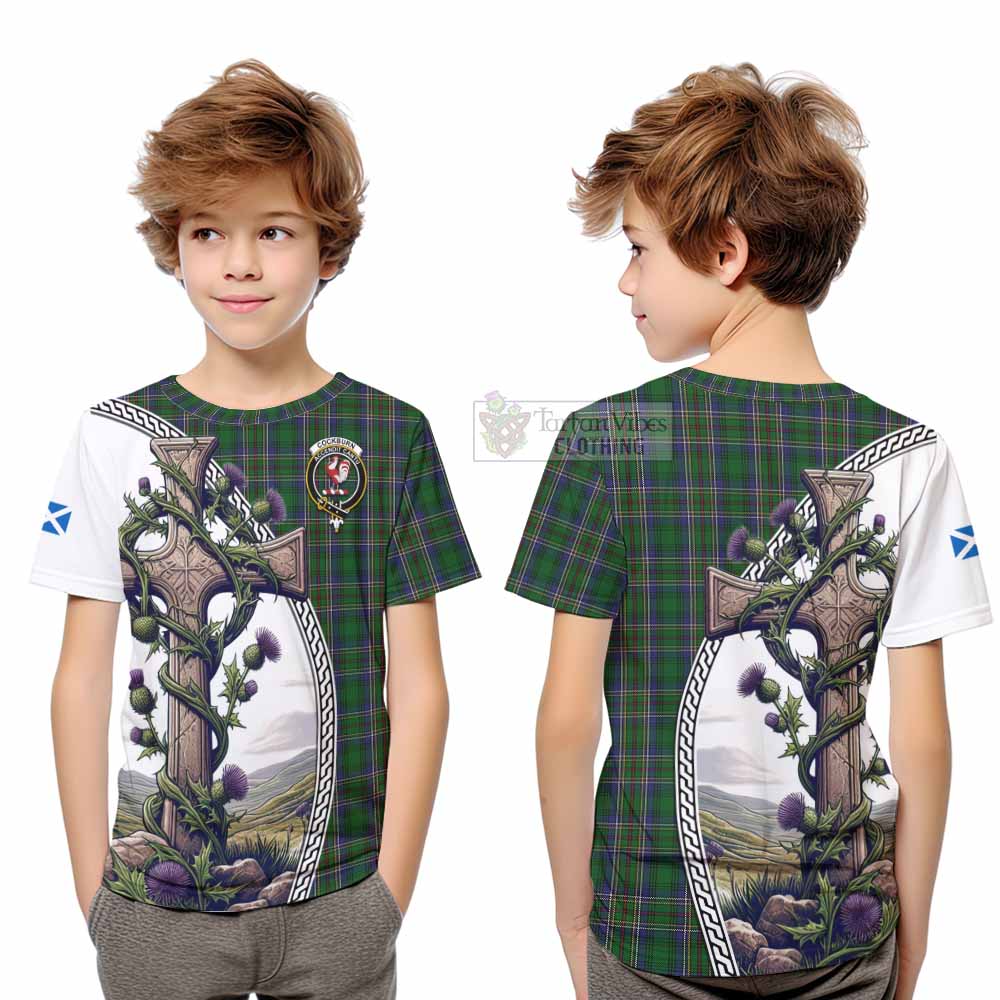 Tartan Vibes Clothing Cockburn Tartan Kid T-Shirt with Family Crest and St. Andrew's Cross Accented by Thistle Vines