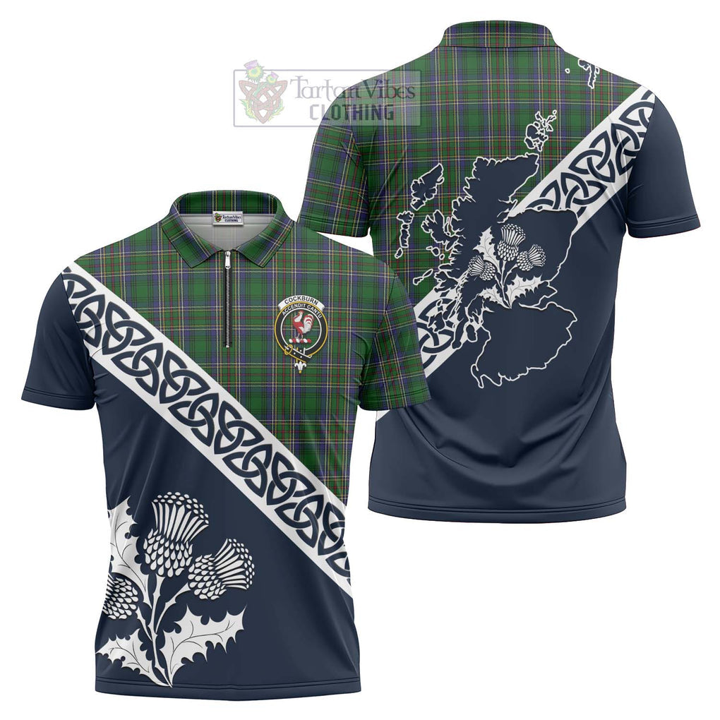 Tartan Vibes Clothing Cockburn Tartan Zipper Polo Shirt Featuring Thistle and Scotland Map