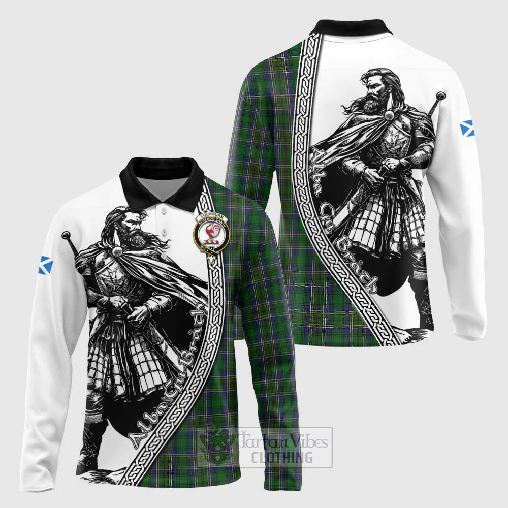 Tartan Vibes Clothing Cockburn Tartan Clan Crest Long Sleeve Polo Shirt with Highlander Warrior Celtic Style