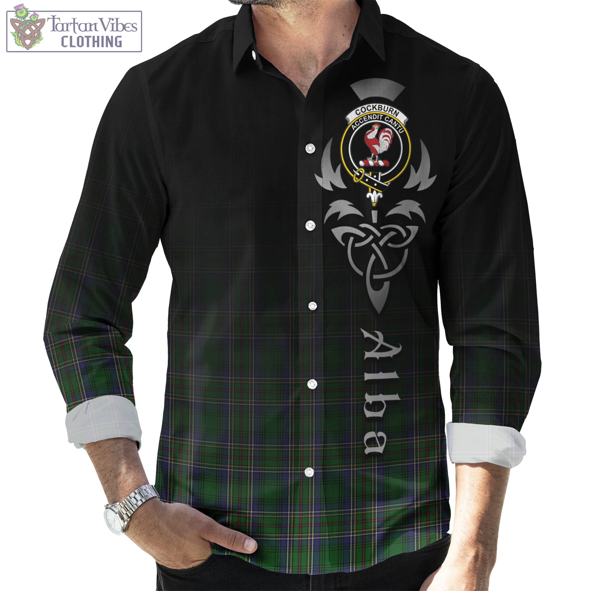 Tartan Vibes Clothing Cockburn Tartan Long Sleeve Button Up Featuring Alba Gu Brath Family Crest Celtic Inspired