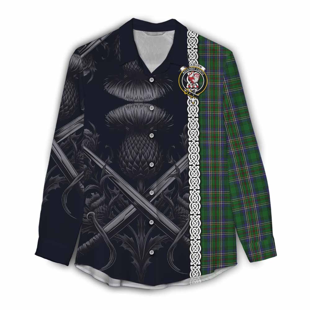 Tartan Vibes Clothing Cockburn Tartan Women's Casual Shirt with Family Crest Cross Sword Thistle Celtic Vibes