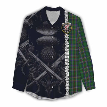 Cockburn Tartan Women's Casual Shirt with Family Crest Cross Sword Thistle Celtic Vibes