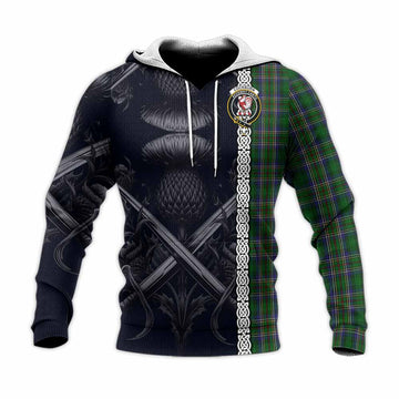 Cockburn Tartan Knitted Hoodie with Family Crest Cross Sword Thistle Celtic Vibes