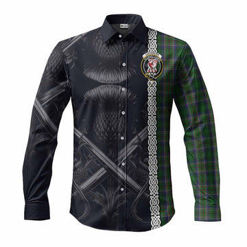 Cockburn Tartan Long Sleeve Button Shirt with Family Crest Cross Sword Thistle Celtic Vibes