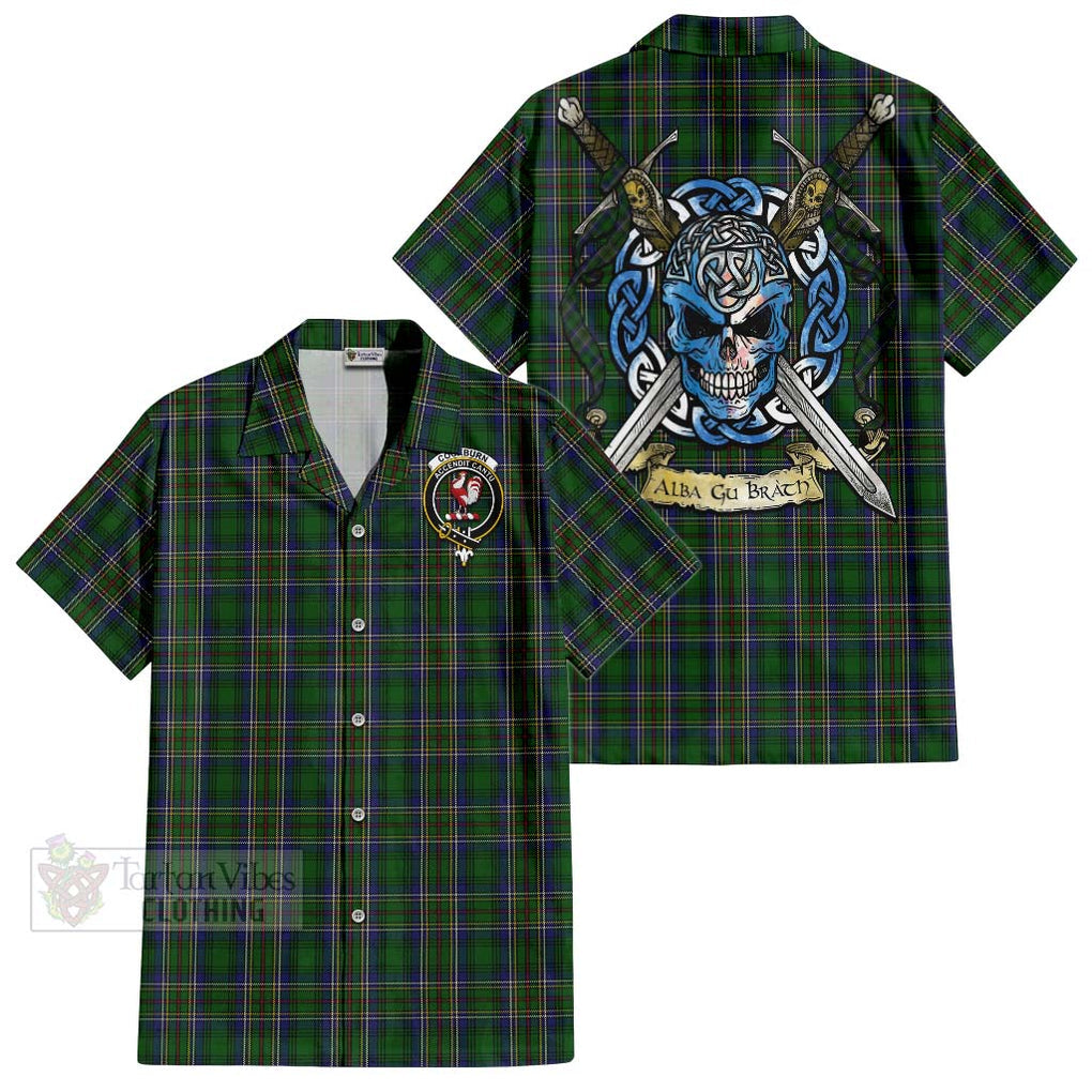 Tartan Vibes Clothing Cockburn Tartan Short Sleeve Button Shirt with Family Crest Celtic Skull Style